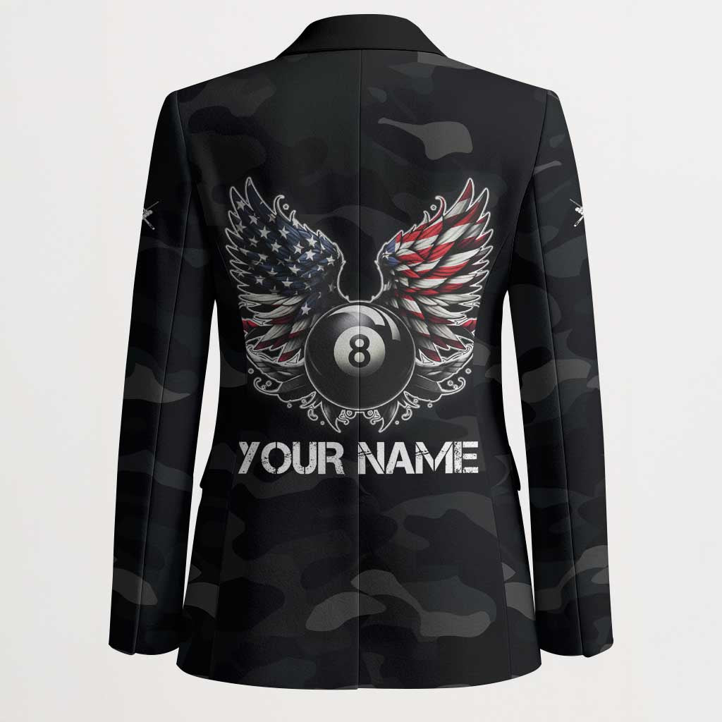 Custom American Flag Billiards Blazer with 8-Ball Wings and Camo Background - Wonder Print Shop
