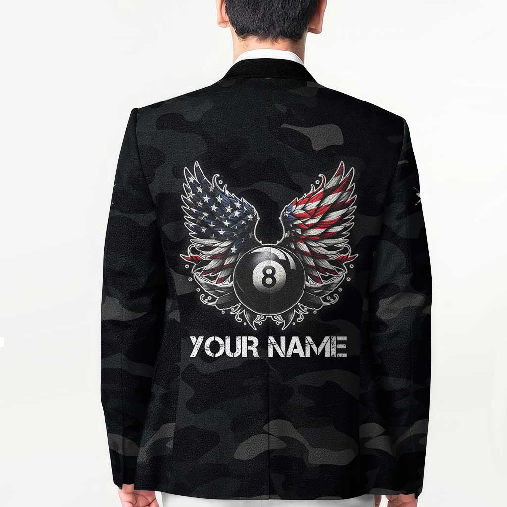 Custom American Flag Billiards Blazer with 8-Ball Wings and Camo Background - Wonder Print Shop
