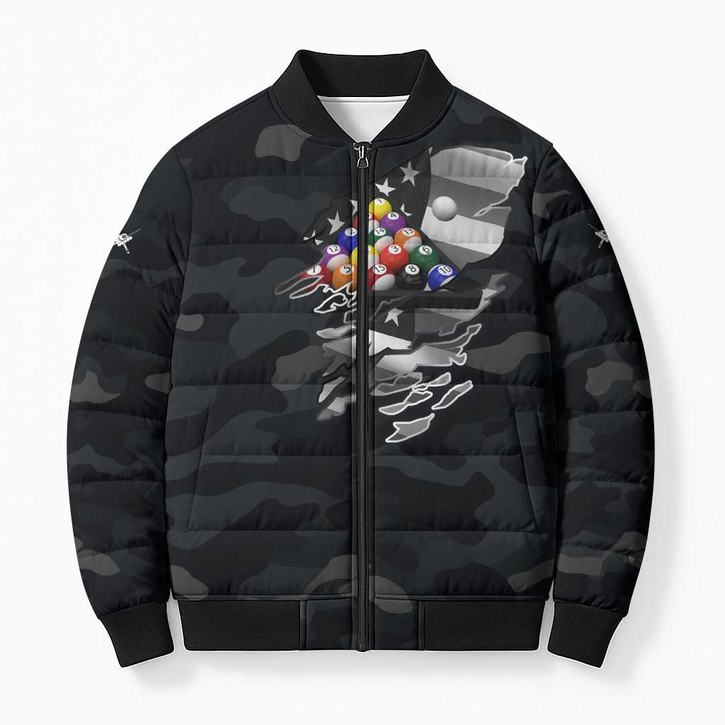 Custom American Flag Billiards Bomber Puffer Jacket with 8-Ball Wings and Camo Background - Wonder Print Shop