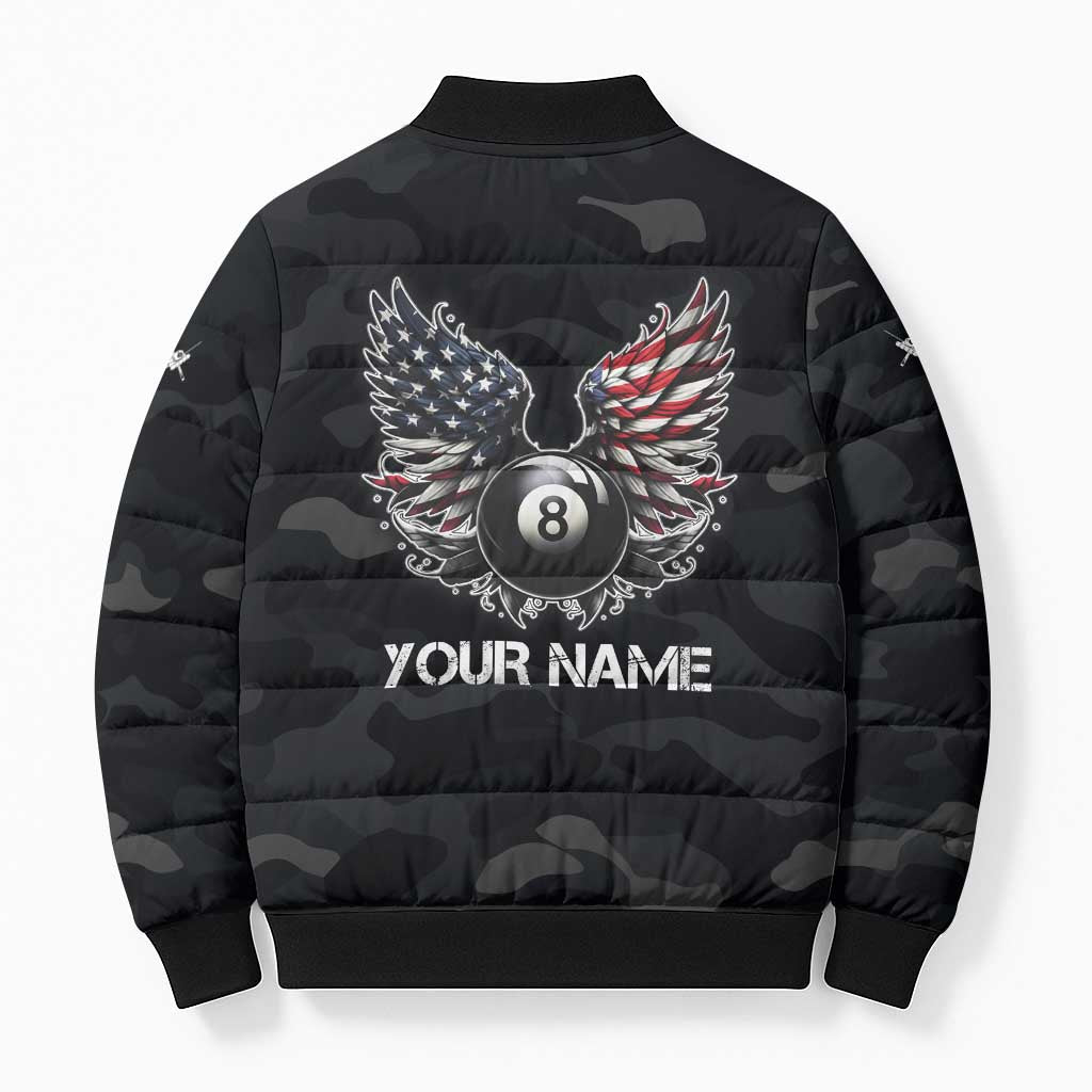 Custom American Flag Billiards Bomber Puffer Jacket with 8-Ball Wings and Camo Background - Wonder Print Shop