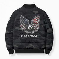 Custom American Flag Billiards Bomber Puffer Jacket with 8-Ball Wings and Camo Background - Wonder Print Shop