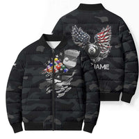 Custom American Flag Billiards Bomber Puffer Jacket with 8-Ball Wings and Camo Background - Wonder Print Shop