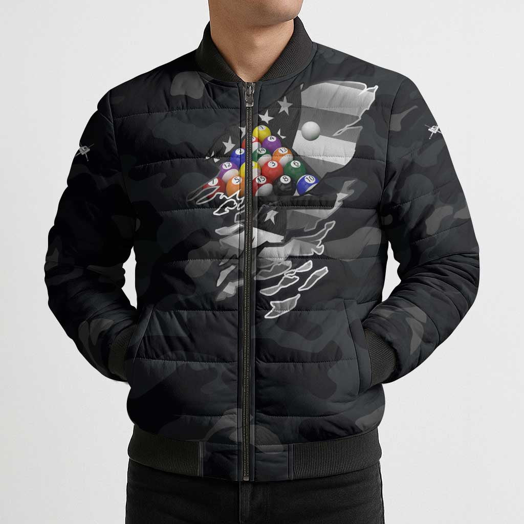 Custom American Flag Billiards Bomber Puffer Jacket with 8-Ball Wings and Camo Background - Wonder Print Shop