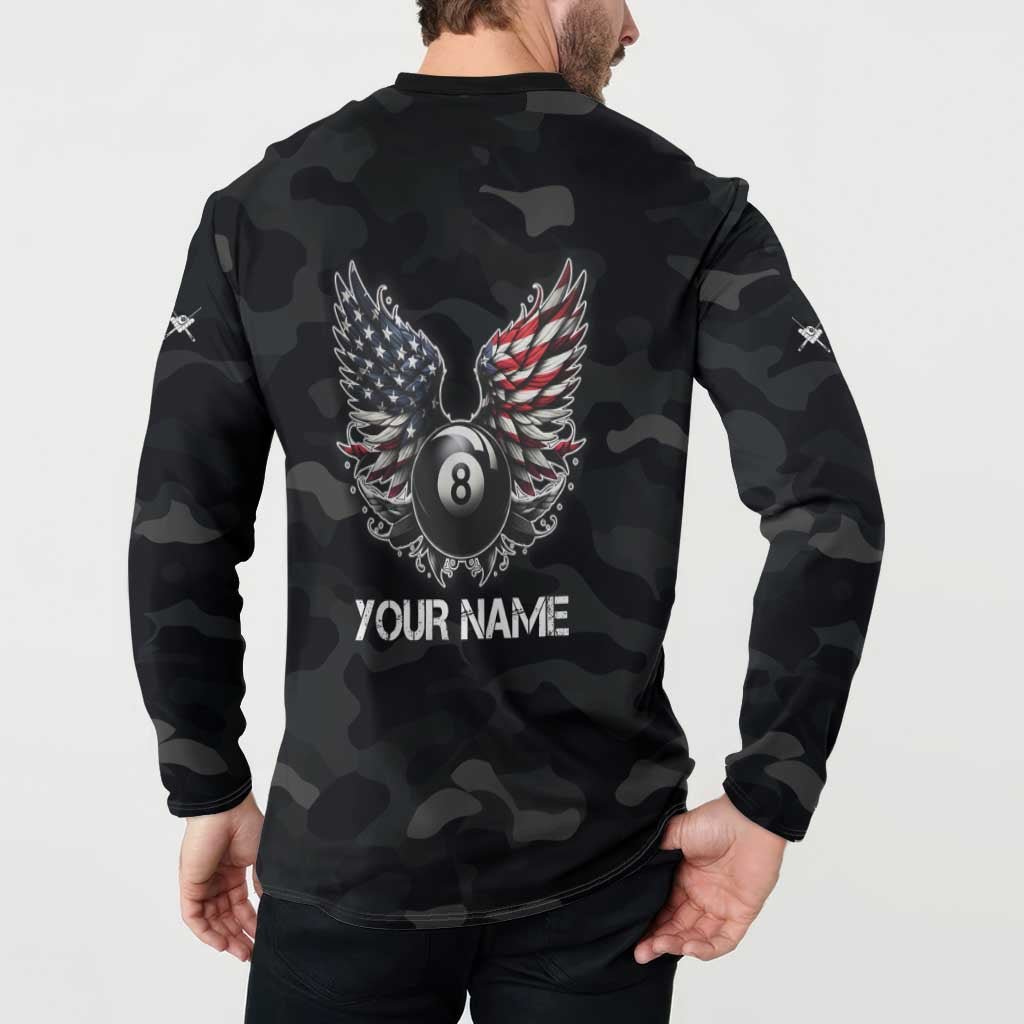 Custom American Flag Billiards Button Sweatshirt with 8-Ball Wings and Camo Background - Wonder Print Shop