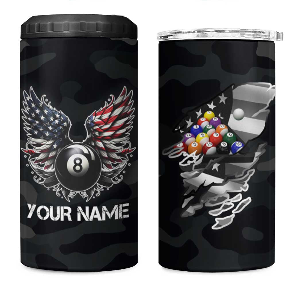 Custom American Flag Billiards 4 in 1 Can Cooler Tumbler with 8-Ball Wings and Camo Background - Wonder Print Shop