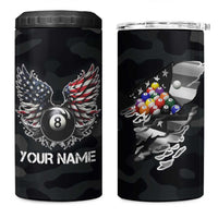 Custom American Flag Billiards 4 in 1 Can Cooler Tumbler with 8-Ball Wings and Camo Background - Wonder Print Shop