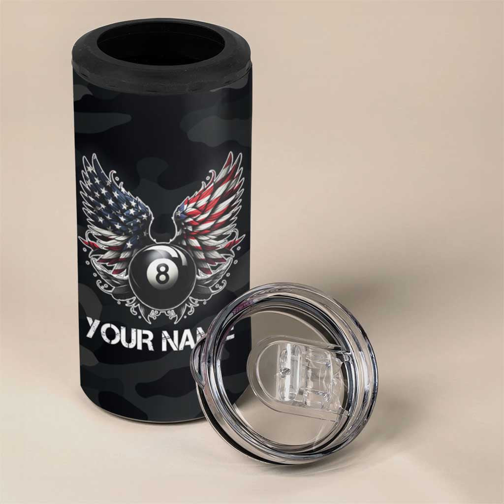 Custom American Flag Billiards 4 in 1 Can Cooler Tumbler with 8-Ball Wings and Camo Background - Wonder Print Shop