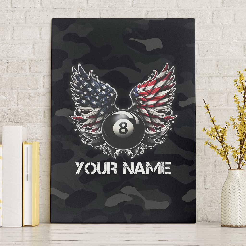 Custom American Flag Billiards Canvas Wall Art with 8-Ball Wings and Camo Background - Wonder Print Shop