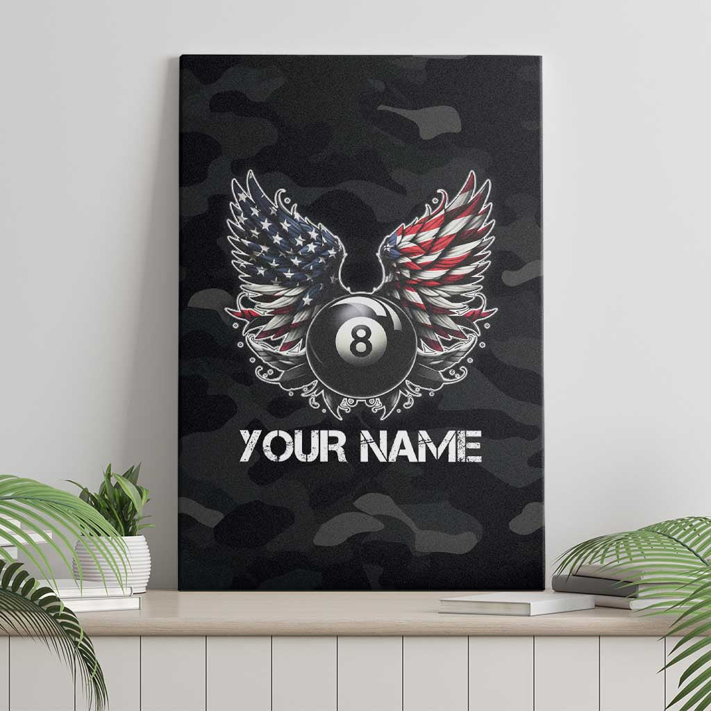 Custom American Flag Billiards Canvas Wall Art with 8-Ball Wings and Camo Background - Wonder Print Shop
