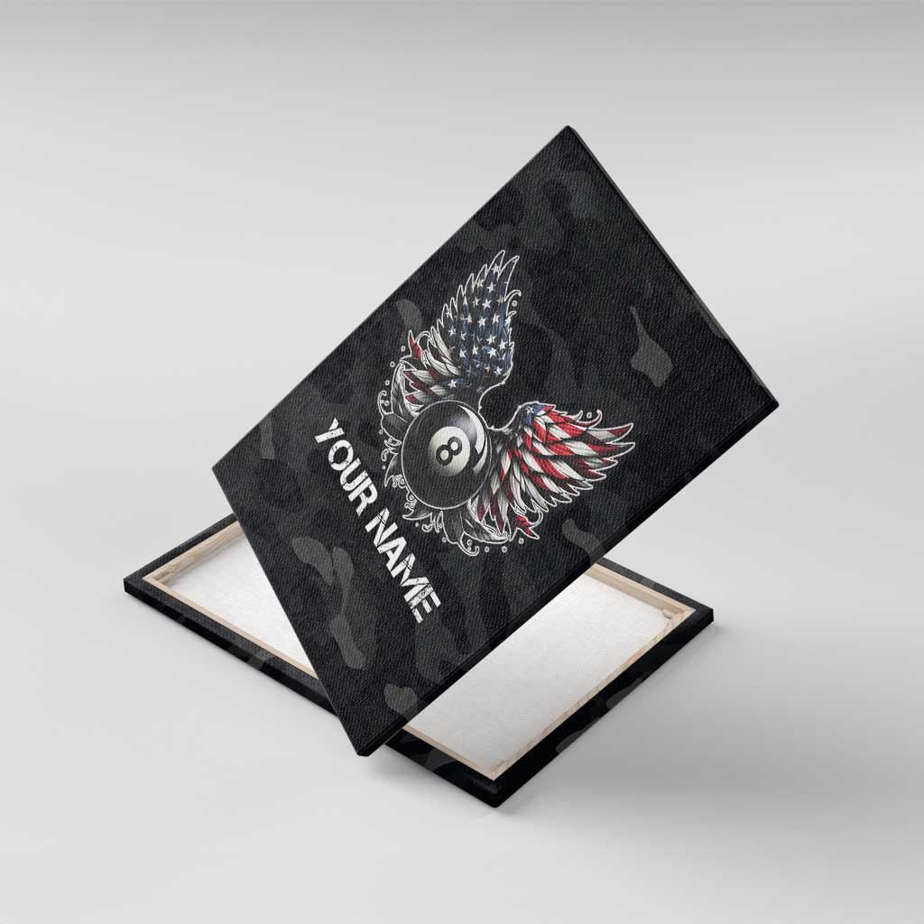 Custom American Flag Billiards Canvas Wall Art with 8-Ball Wings and Camo Background - Wonder Print Shop