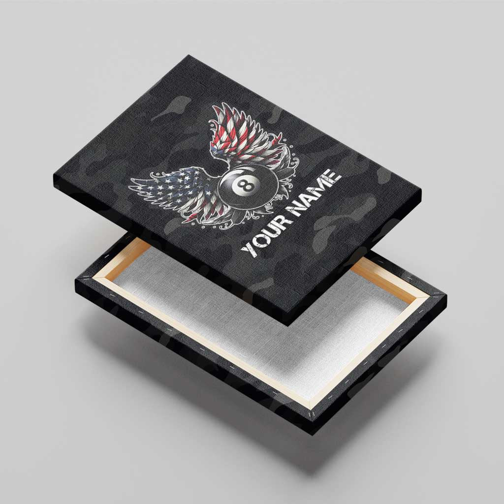 Custom American Flag Billiards Canvas Wall Art with 8-Ball Wings and Camo Background - Wonder Print Shop