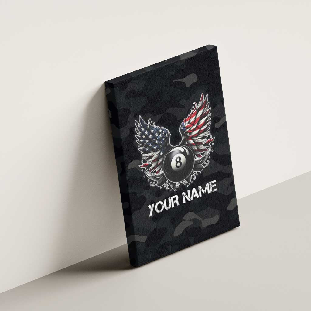 Custom American Flag Billiards Canvas Wall Art with 8-Ball Wings and Camo Background - Wonder Print Shop