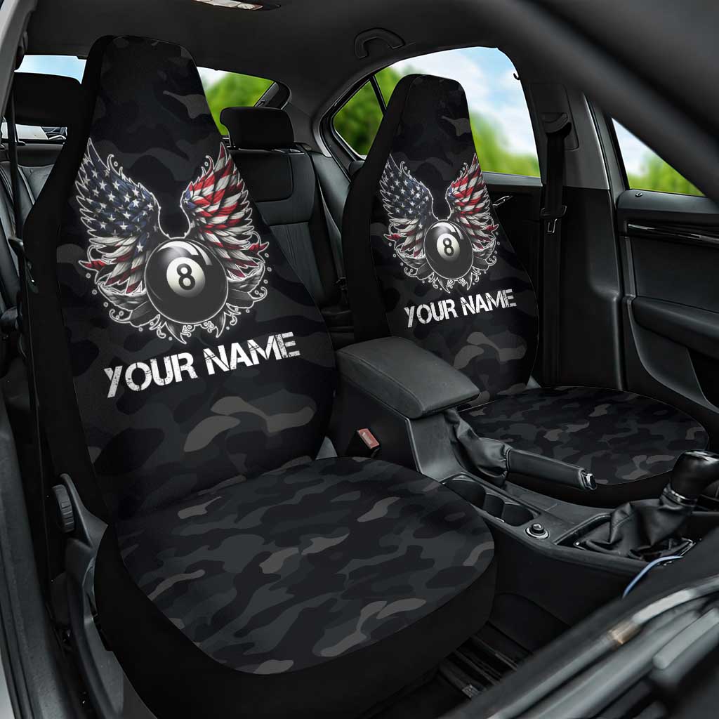 Custom American Flag Billiards Car Seat Cover with 8-Ball Wings and Camo Background - Wonder Print Shop