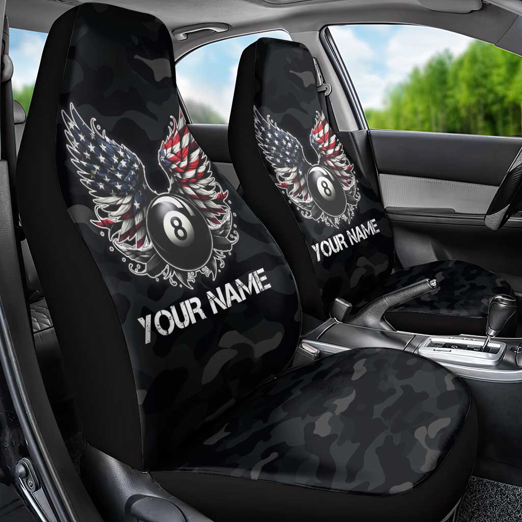 Custom American Flag Billiards Car Seat Cover with 8-Ball Wings and Camo Background - Wonder Print Shop