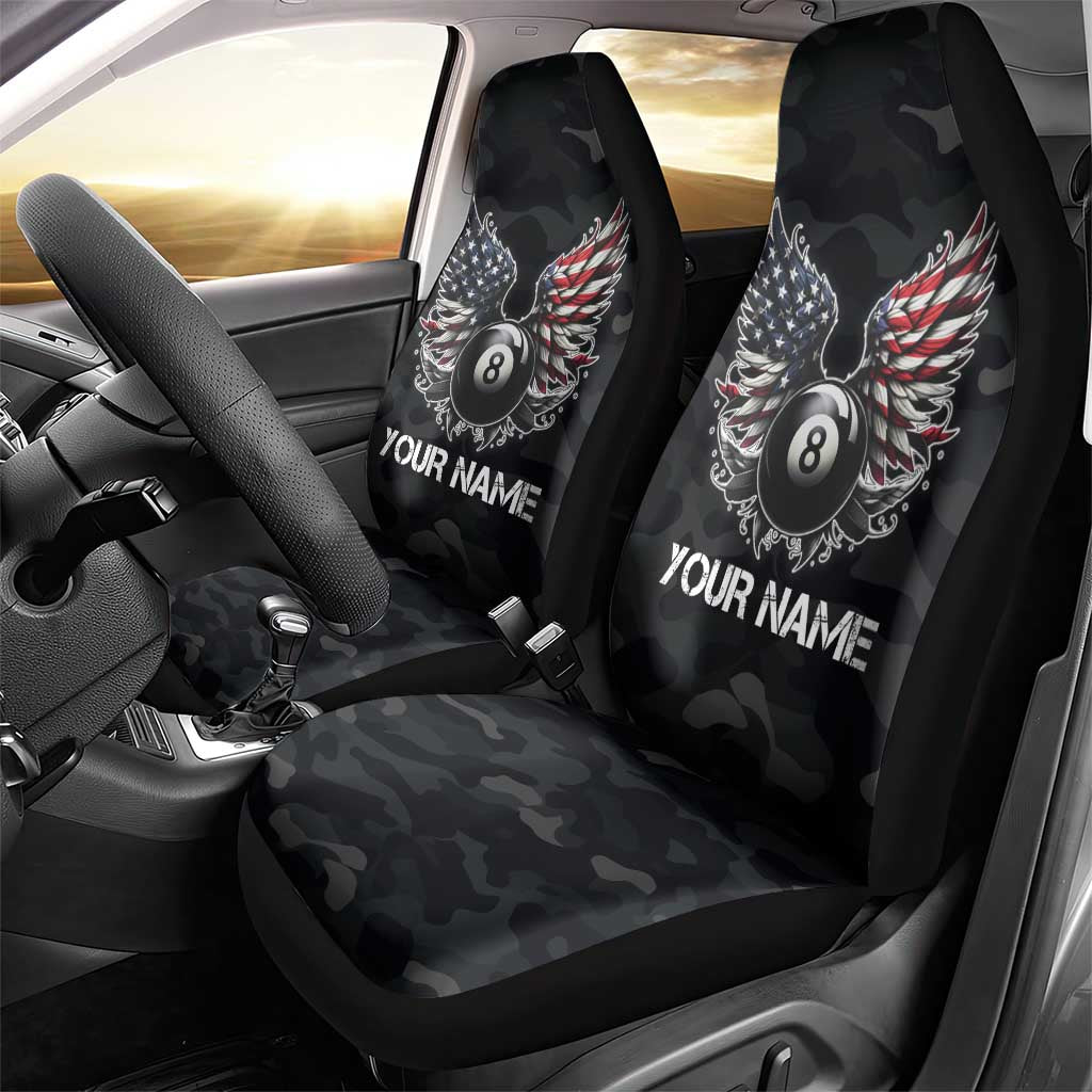 Custom American Flag Billiards Car Seat Cover with 8-Ball Wings and Camo Background - Wonder Print Shop