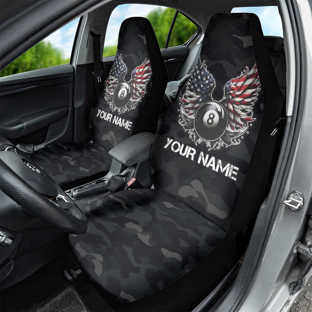 Custom American Flag Billiards Car Seat Cover with 8-Ball Wings and Camo Background - Wonder Print Shop