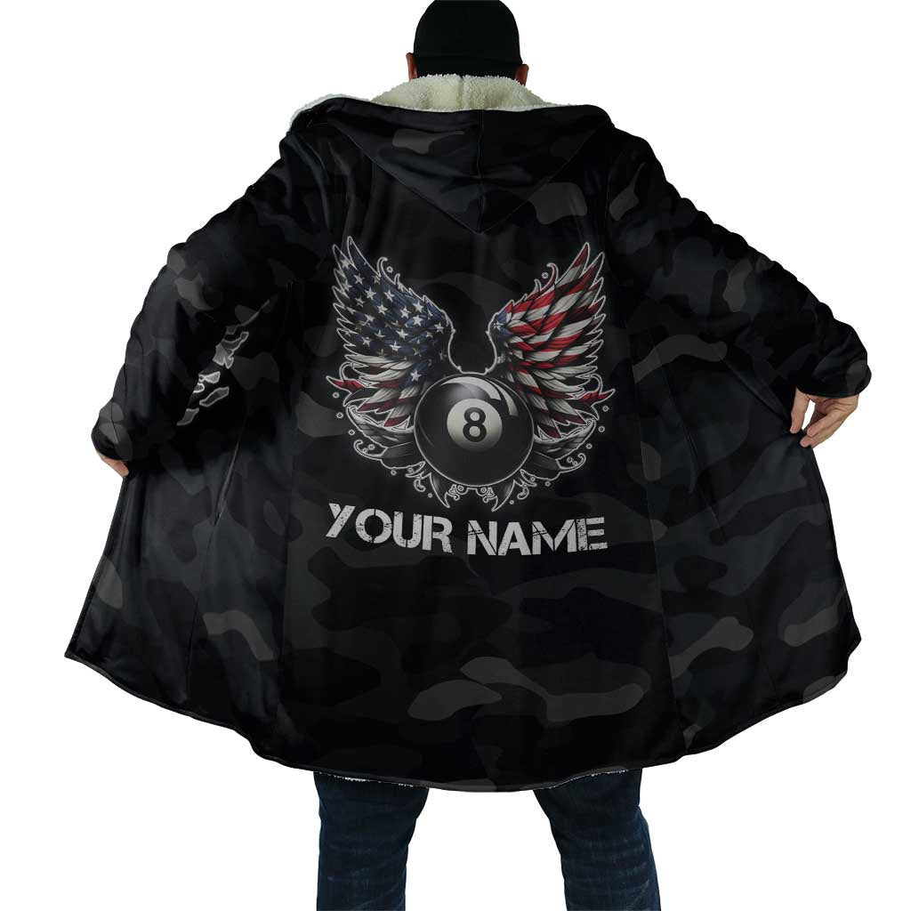 Custom American Flag Billiards Cloak with 8-Ball Wings and Camo Background - Wonder Print Shop