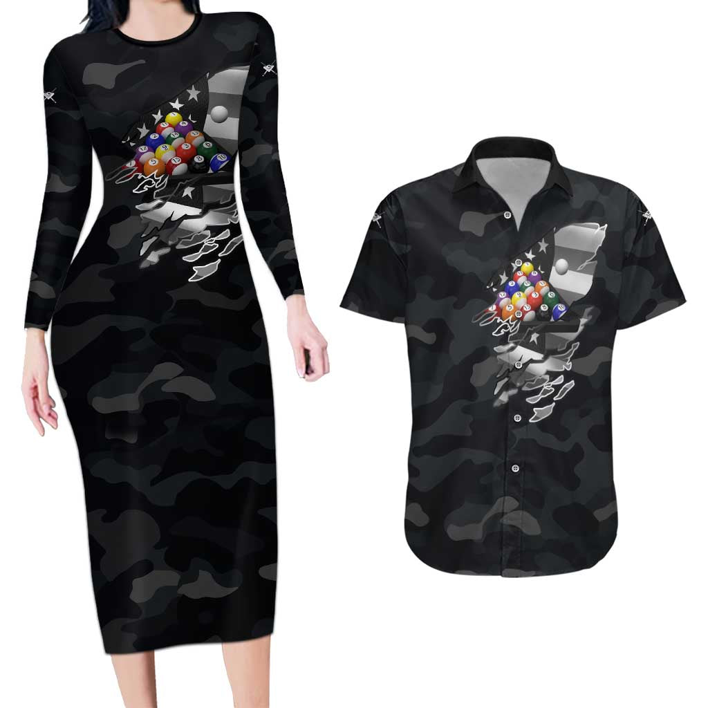 Custom American Flag Billiards Couples Matching Long Sleeve Bodycon Dress and Hawaiian Shirt with 8-Ball Wings and Camo Background - Wonder Print Shop