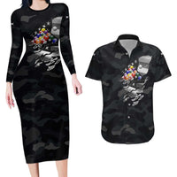 Custom American Flag Billiards Couples Matching Long Sleeve Bodycon Dress and Hawaiian Shirt with 8-Ball Wings and Camo Background - Wonder Print Shop