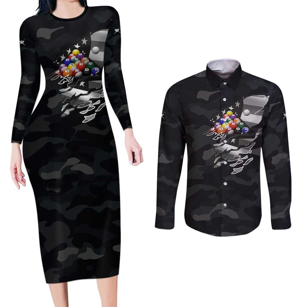 Custom American Flag Billiards Couples Matching Long Sleeve Bodycon Dress and Long Sleeve Button Shirt with 8-Ball Wings and Camo Background - Wonder Print Shop