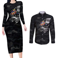 Custom American Flag Billiards Couples Matching Long Sleeve Bodycon Dress and Long Sleeve Button Shirt with 8-Ball Wings and Camo Background - Wonder Print Shop
