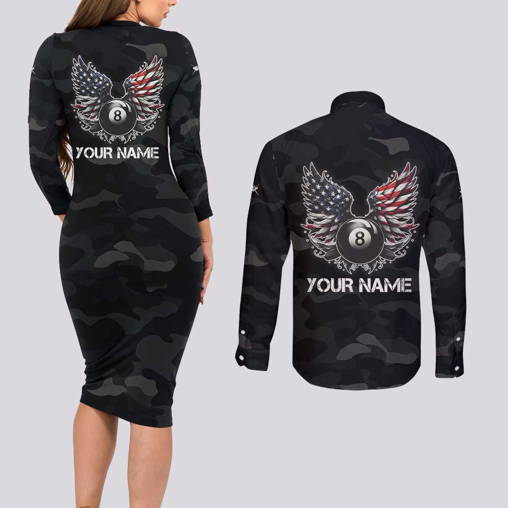 Custom American Flag Billiards Couples Matching Long Sleeve Bodycon Dress and Long Sleeve Button Shirt with 8-Ball Wings and Camo Background - Wonder Print Shop