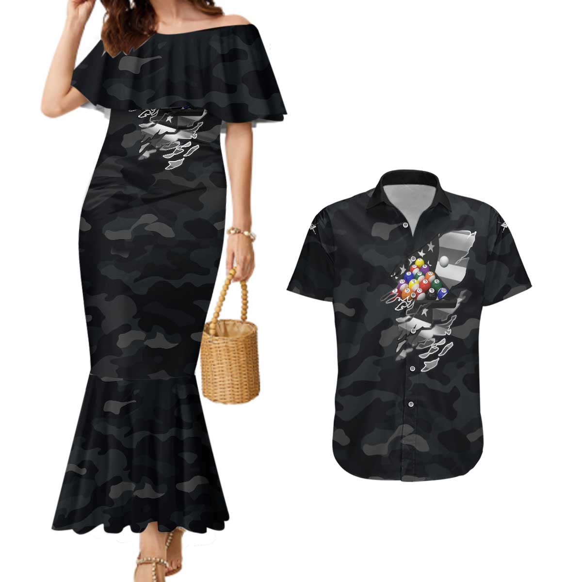 Custom American Flag Billiards Couples Matching Mermaid Dress and Hawaiian Shirt with 8-Ball Wings and Camo Background - Wonder Print Shop