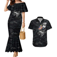 Custom American Flag Billiards Couples Matching Mermaid Dress and Hawaiian Shirt with 8-Ball Wings and Camo Background - Wonder Print Shop