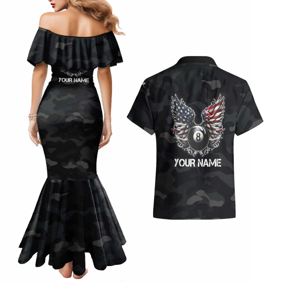 Custom American Flag Billiards Couples Matching Mermaid Dress and Hawaiian Shirt with 8-Ball Wings and Camo Background - Wonder Print Shop