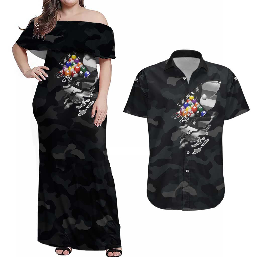Custom American Flag Billiards Couples Matching Off Shoulder Maxi Dress and Hawaiian Shirt with 8-Ball Wings and Camo Background - Wonder Print Shop