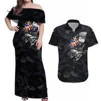 Custom American Flag Billiards Couples Matching Off Shoulder Maxi Dress and Hawaiian Shirt with 8-Ball Wings and Camo Background - Wonder Print Shop