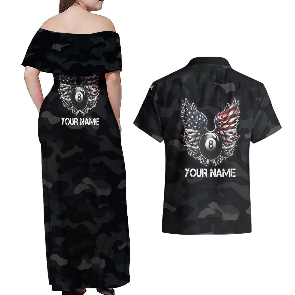 Custom American Flag Billiards Couples Matching Off Shoulder Maxi Dress and Hawaiian Shirt with 8-Ball Wings and Camo Background - Wonder Print Shop