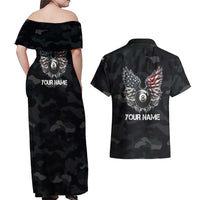 Custom American Flag Billiards Couples Matching Off Shoulder Maxi Dress and Hawaiian Shirt with 8-Ball Wings and Camo Background - Wonder Print Shop