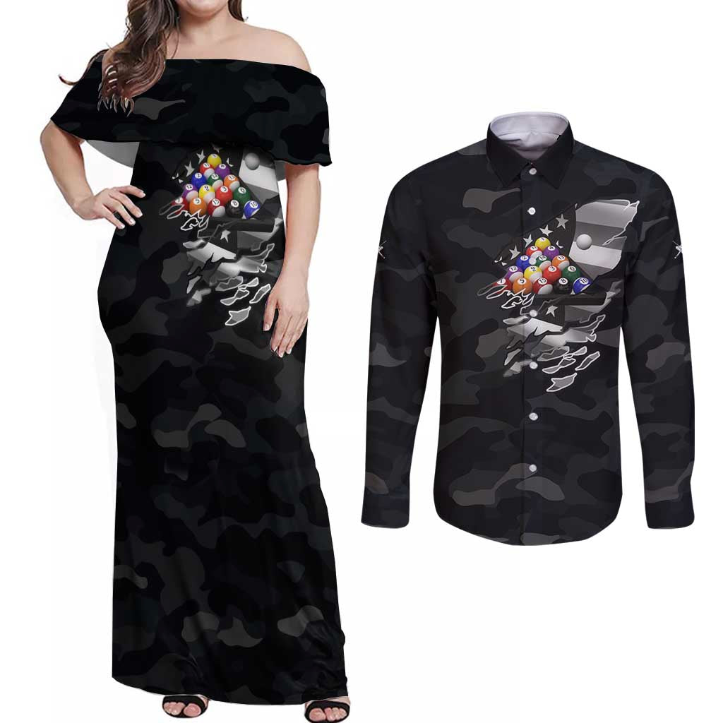 Custom American Flag Billiards Couples Matching Off Shoulder Maxi Dress and Long Sleeve Button Shirt with 8-Ball Wings and Camo Background - Wonder Print Shop
