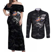 Custom American Flag Billiards Couples Matching Off Shoulder Maxi Dress and Long Sleeve Button Shirt with 8-Ball Wings and Camo Background - Wonder Print Shop