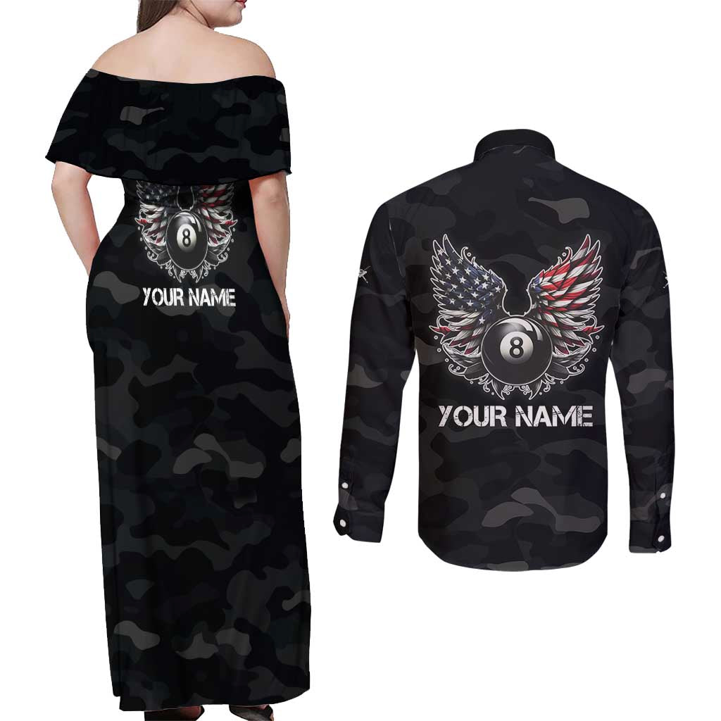 Custom American Flag Billiards Couples Matching Off Shoulder Maxi Dress and Long Sleeve Button Shirt with 8-Ball Wings and Camo Background - Wonder Print Shop