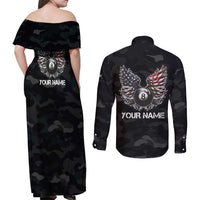 Custom American Flag Billiards Couples Matching Off Shoulder Maxi Dress and Long Sleeve Button Shirt with 8-Ball Wings and Camo Background - Wonder Print Shop