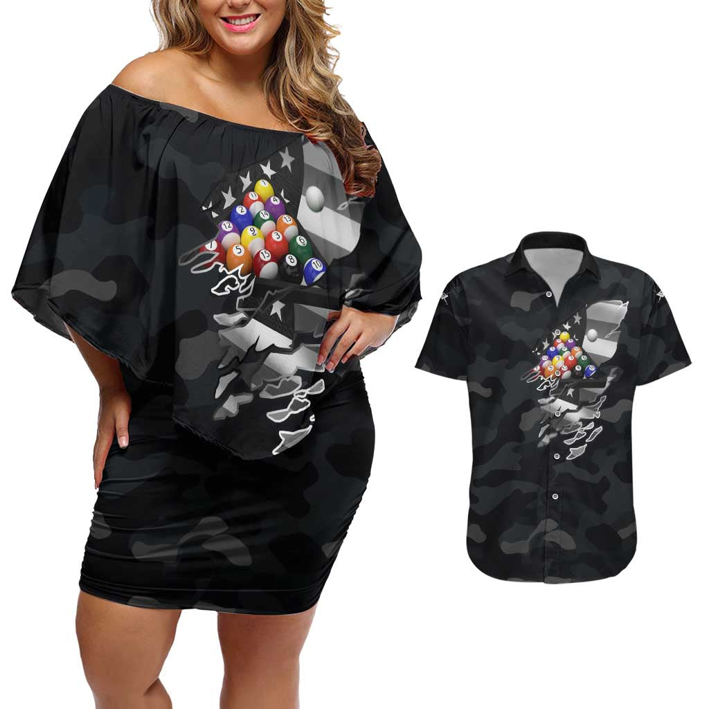 Custom American Flag Billiards Couples Matching Off Shoulder Short Dress and Hawaiian Shirt with 8-Ball Wings and Camo Background - Wonder Print Shop