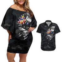 Custom American Flag Billiards Couples Matching Off Shoulder Short Dress and Hawaiian Shirt with 8-Ball Wings and Camo Background - Wonder Print Shop