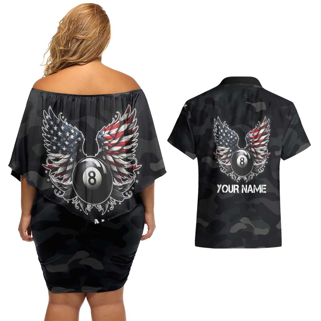 Custom American Flag Billiards Couples Matching Off Shoulder Short Dress and Hawaiian Shirt with 8-Ball Wings and Camo Background - Wonder Print Shop