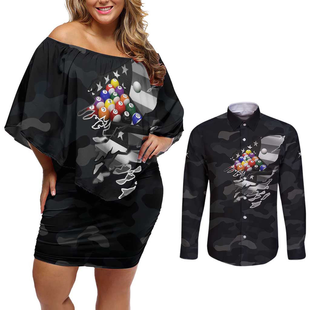 Custom American Flag Billiards Couples Matching Off Shoulder Short Dress and Long Sleeve Button Shirt with 8-Ball Wings and Camo Background - Wonder Print Shop