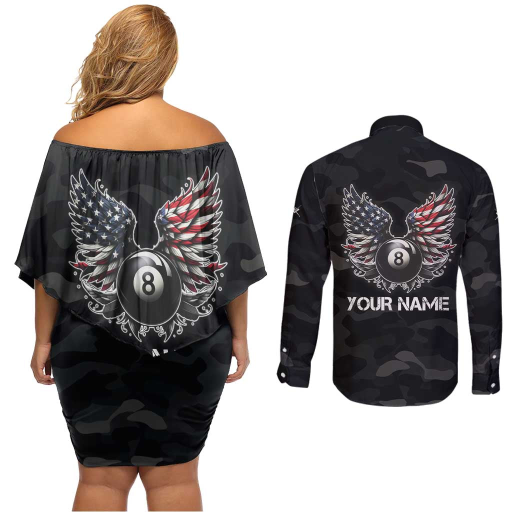 Custom American Flag Billiards Couples Matching Off Shoulder Short Dress and Long Sleeve Button Shirt with 8-Ball Wings and Camo Background - Wonder Print Shop