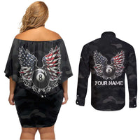 Custom American Flag Billiards Couples Matching Off Shoulder Short Dress and Long Sleeve Button Shirt with 8-Ball Wings and Camo Background - Wonder Print Shop