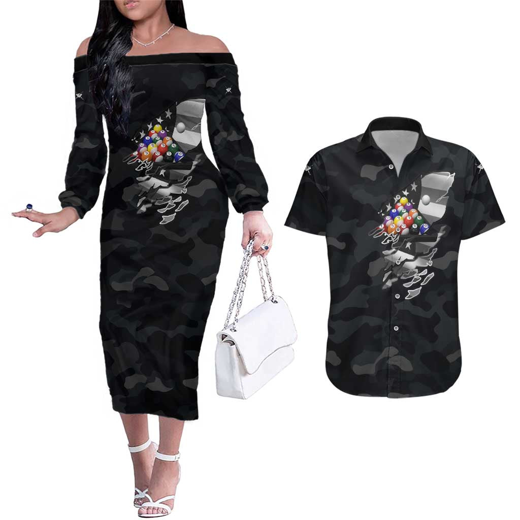 Custom American Flag Billiards Couples Matching Off The Shoulder Long Sleeve Dress and Hawaiian Shirt with 8-Ball Wings and Camo Background - Wonder Print Shop