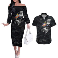 Custom American Flag Billiards Couples Matching Off The Shoulder Long Sleeve Dress and Hawaiian Shirt with 8-Ball Wings and Camo Background - Wonder Print Shop