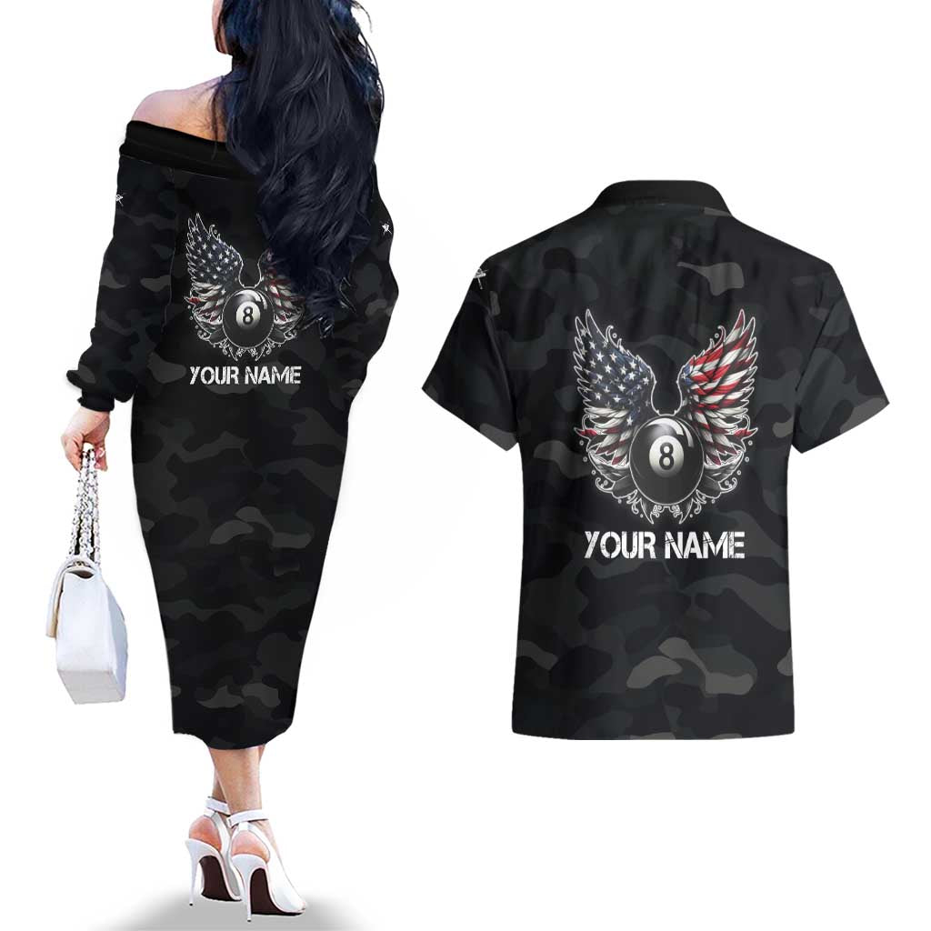 Custom American Flag Billiards Couples Matching Off The Shoulder Long Sleeve Dress and Hawaiian Shirt with 8-Ball Wings and Camo Background - Wonder Print Shop