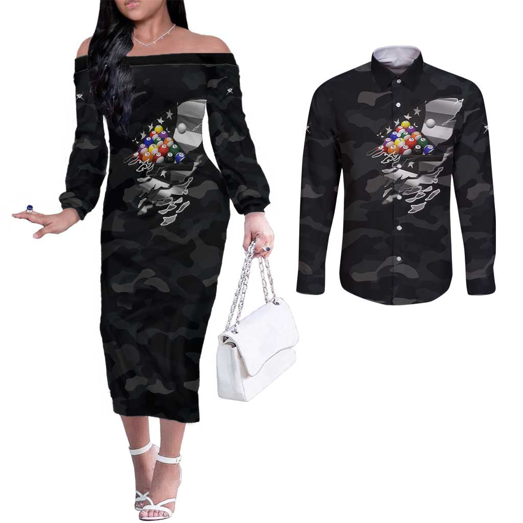 Custom American Flag Billiards Couples Matching Off The Shoulder Long Sleeve Dress and Long Sleeve Button Shirt with 8-Ball Wings and Camo Background - Wonder Print Shop