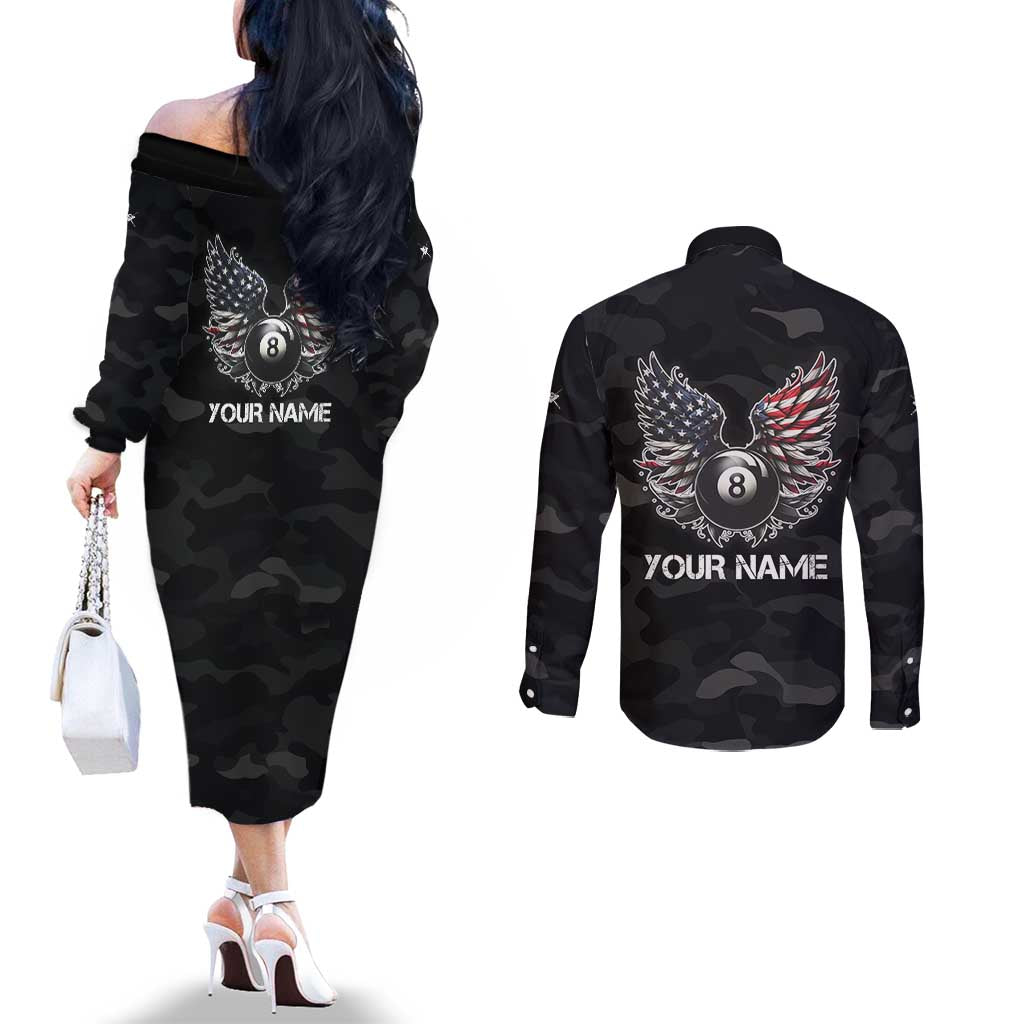 Custom American Flag Billiards Couples Matching Off The Shoulder Long Sleeve Dress and Long Sleeve Button Shirt with 8-Ball Wings and Camo Background - Wonder Print Shop