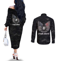 Custom American Flag Billiards Couples Matching Off The Shoulder Long Sleeve Dress and Long Sleeve Button Shirt with 8-Ball Wings and Camo Background - Wonder Print Shop