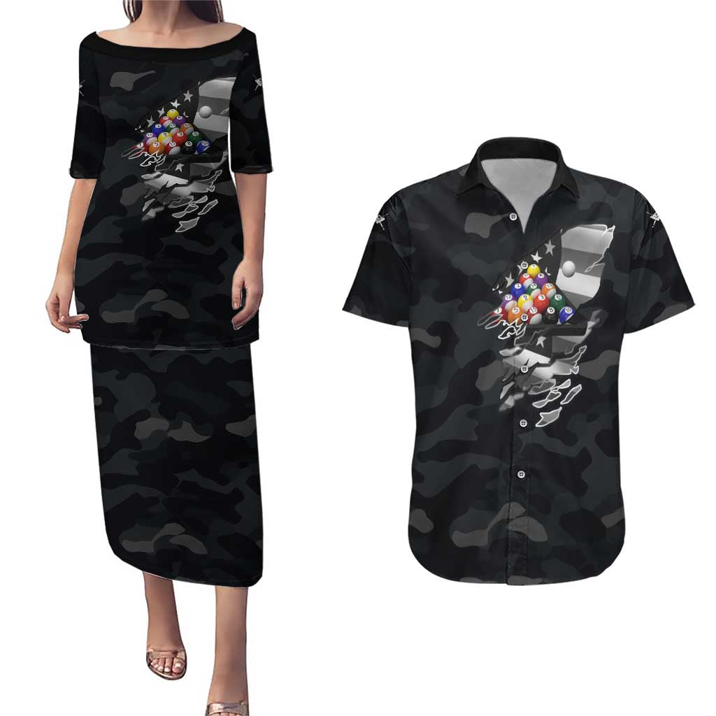 Custom American Flag Billiards Couples Matching Puletasi and Hawaiian Shirt with 8-Ball Wings and Camo Background - Wonder Print Shop